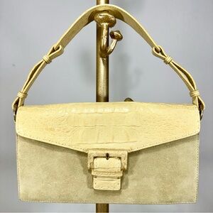 Ellen Tracy Accordion Pastel Suede Croc Embossed Leather Flap Shoulder Bag